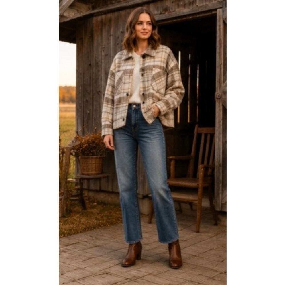 Plaid Wool Blend Barn Jacket XL Cropped Shacket Neutral Cabincore Western - Picture 5 of 11